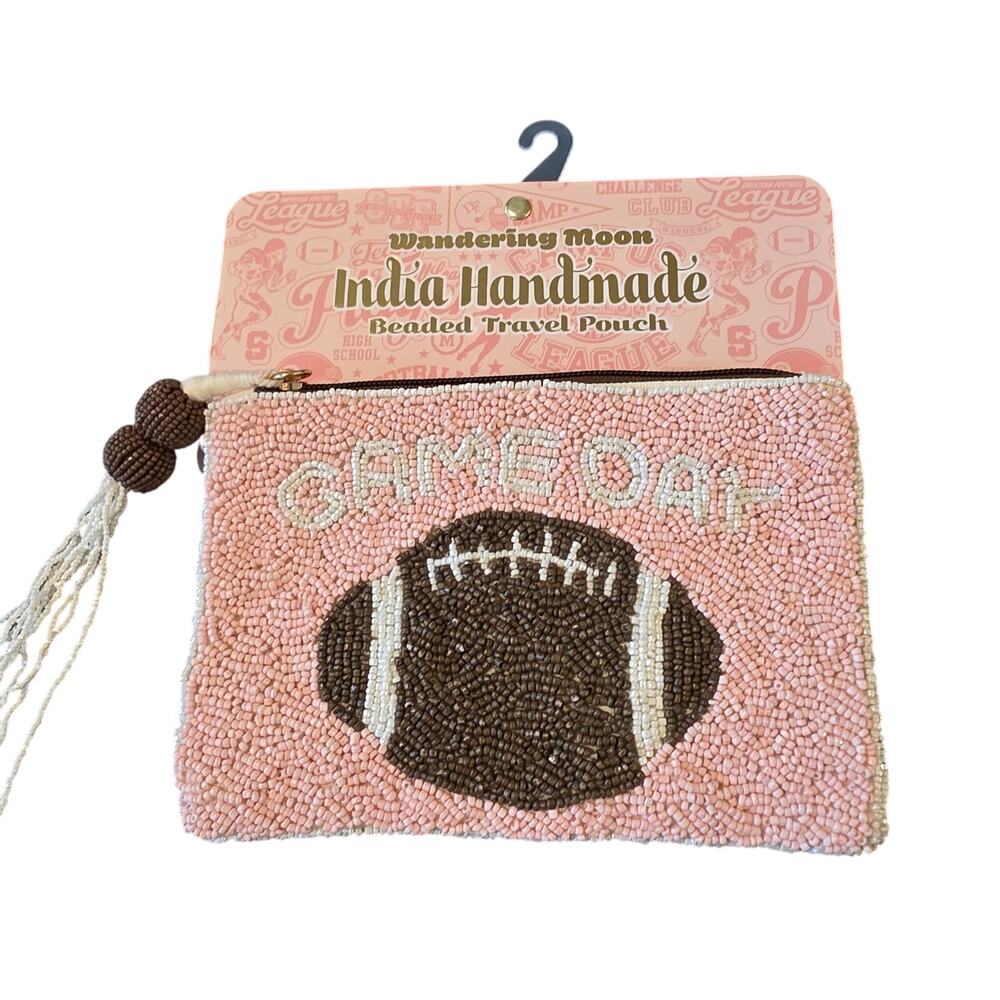 Wandering Moon Game Day Football Beaded Zip Pouch Travel Bag Pink NEW